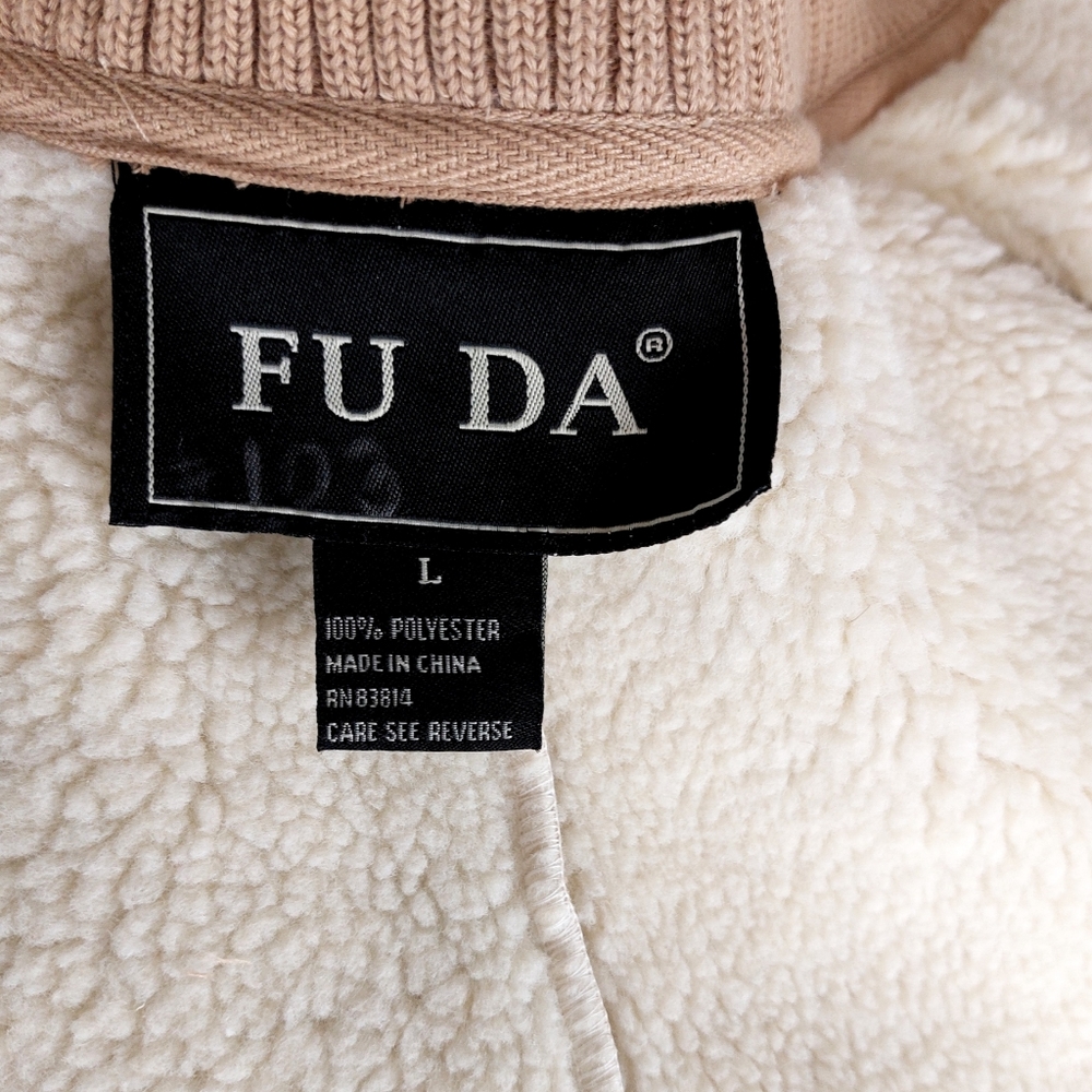 FU DA Womens Camel Color Faux Suede Sherpa Full Zip Cozy Coat Size L - Picture 3 of 7